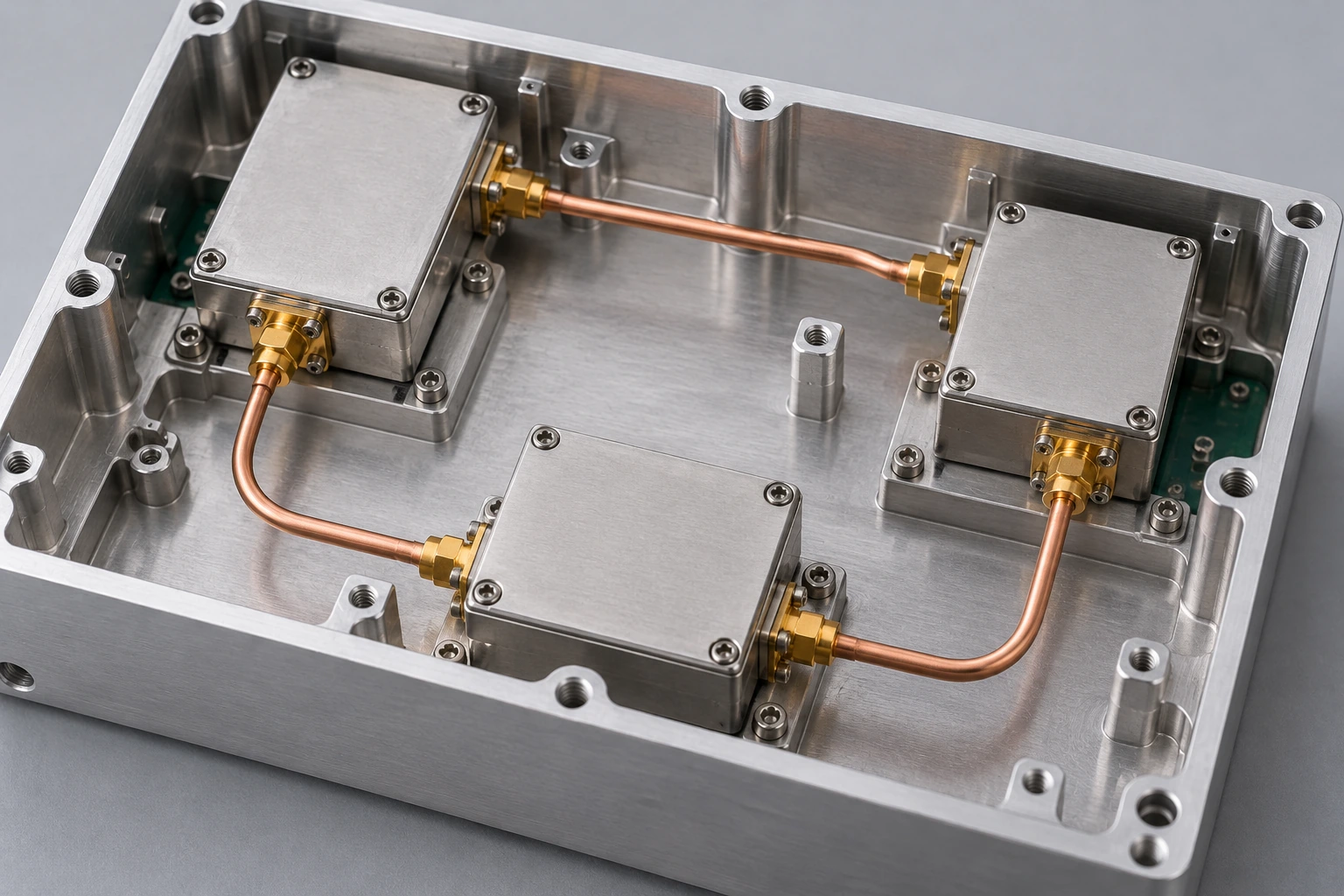 Illustration of formed copper semi-rigid coaxial cables connecting RF modules inside a compact aluminum enclosure.